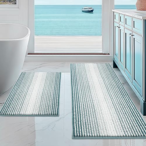 BSICPRO Bathroom Rugs and Mats Sets, 2 Piece Thick Absorbent Chenille Non Slip, Soft Shaggy Floor Mats, Machine Washable (Sea Green, 20" x 47" Plus 16" x 24")