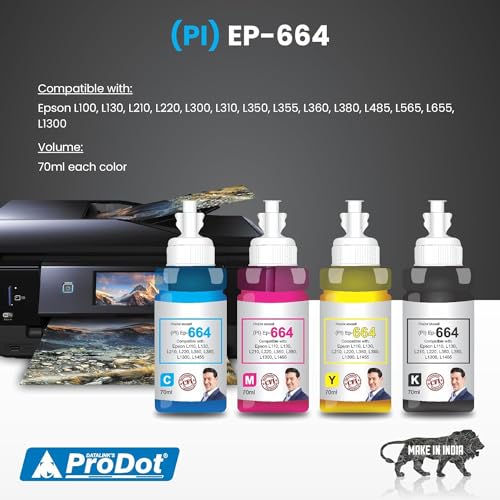 Image of ProDot ProSeries Ep-664 Inkjet Ink Refill Compatible with Epson L100, L130, L210, L220, L300, L310, L350, L355, L360, L380, L485, L565, L655, L1300, L1455 Ink Tank Printers (70 ml, CMYKK)