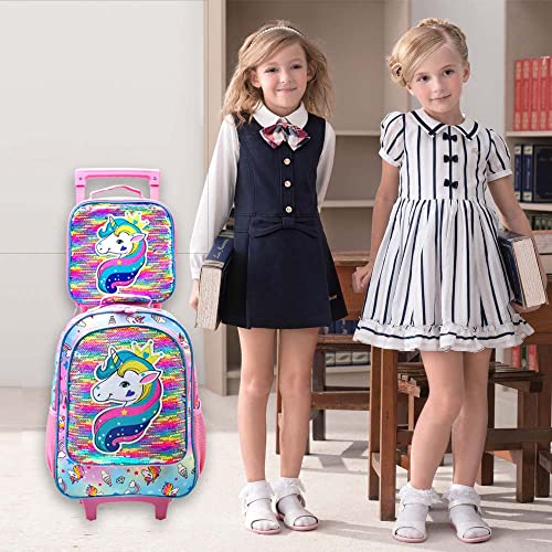 Agsdon 3Pcs Rolling Backpack For Girls, Kids Roller Wheels Bookbag, Wheeled School Bag With Lunch Bag - Unicorn #TOP7
