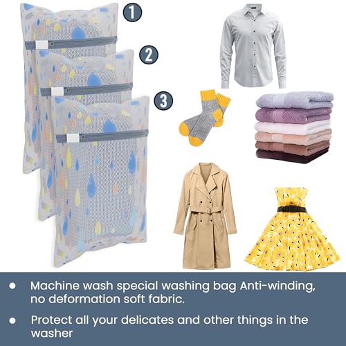Image of Kuber Industries Set of 6 Polyester Mesh Laundry Bag with Zip | Reusable Washing Bags for Washing Machine | Ideal for Delicate Fabrics, Lingerie & Shoes Protection | YZ-8-2 | Drop Print - White