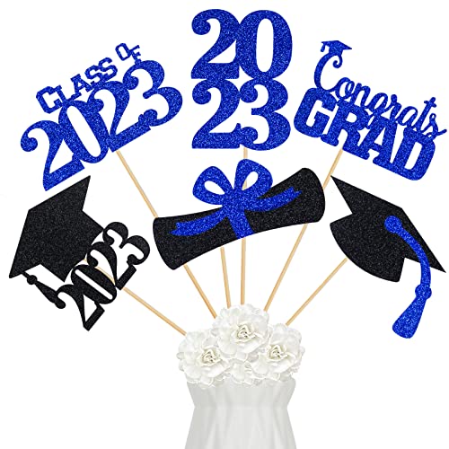 Blue Glitter Graduation Party Centerpieces For Tables 2023 Graduation Party Centerpiece Sticks Blue, Class Of 2023 Centerpiece Sticks Graduation Table Toppers 2023 For Blue Graduation Table Decorations - 24Pcs #TOP1