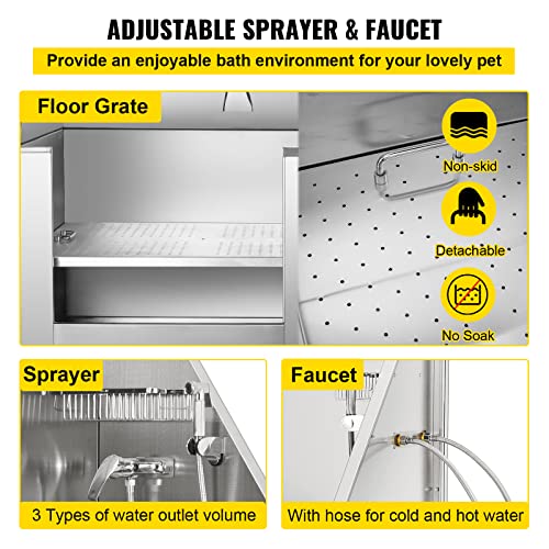 Vevor 62 Inch Professional Grooming Stainless Steel Large Faucet Walk-In Ramp Accessories Dog Washing Station Pet Bath Tub, Silver #TOP4