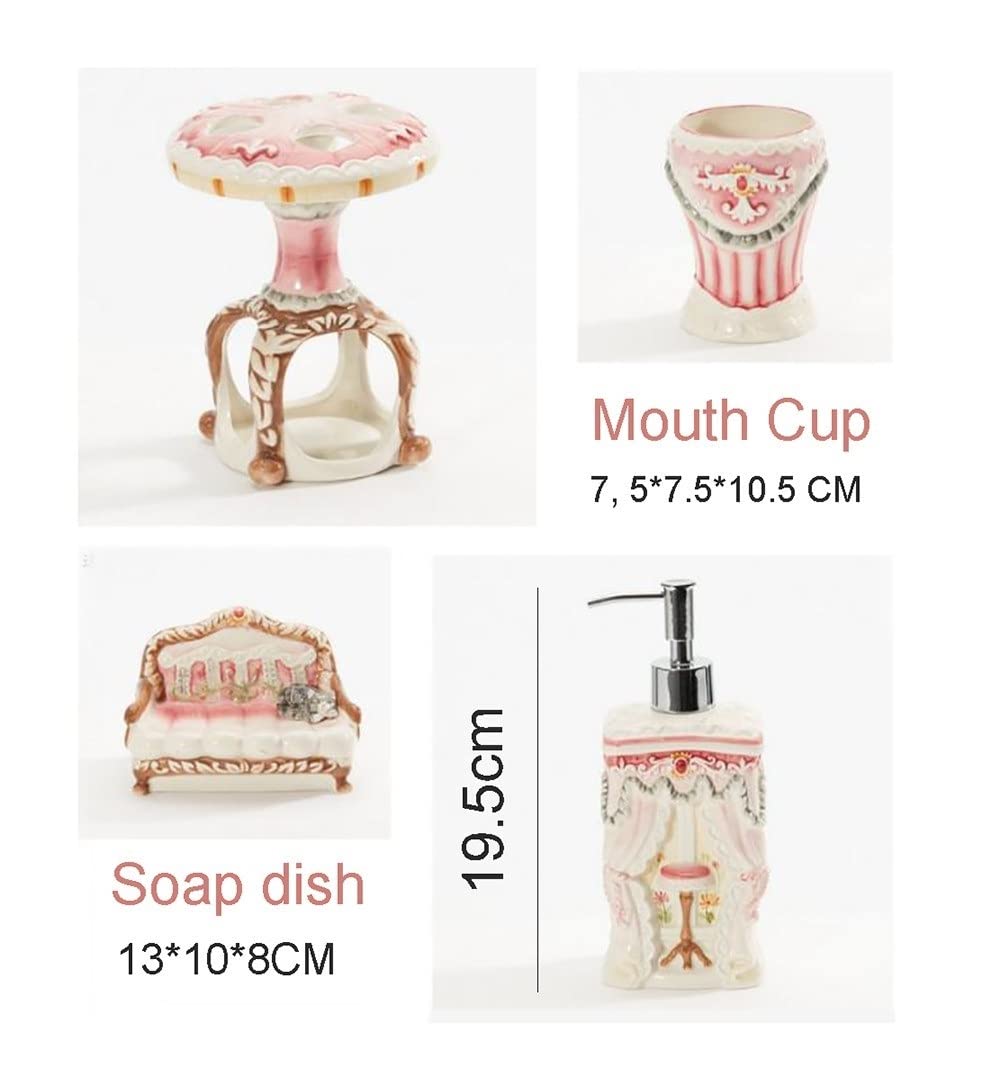 DSMYYXGS 5 Piezas Juego de Accesorios for Baño Cerámica Grabado Estilo Princesa Rosa Conjunto - Porta Cepillos de Dientes, Jabonera, Dispensador de Jabón, Vaso for Enjuague Bucal