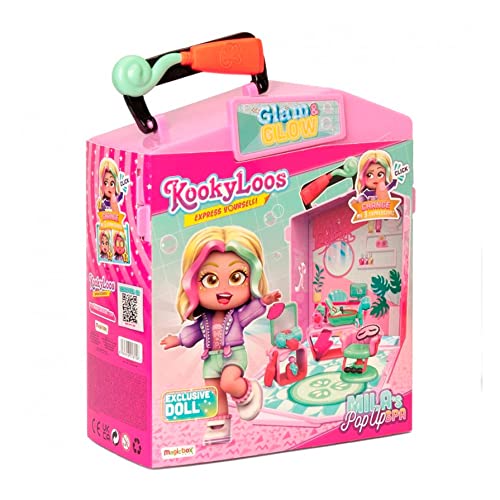 KOOKYLOOS Mila’s Pop Up Spa con más de 15 accesorios de belleza y muñeca exclusiva con 3 expresiones divertidas - Incluye ropa y calzado, tocador con espejo