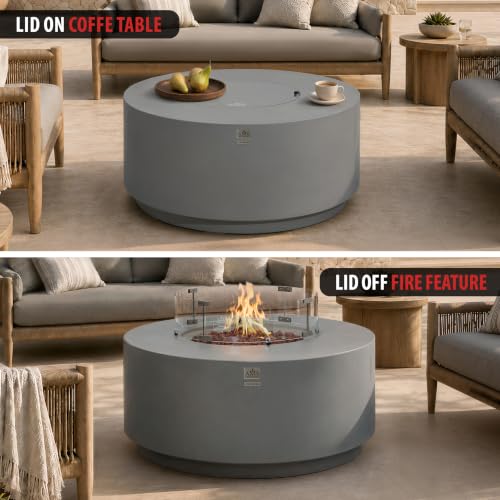 Image of AMS Round Concrete GFRC Propane Gas Fire Pit Table Bundle (Light Gray)