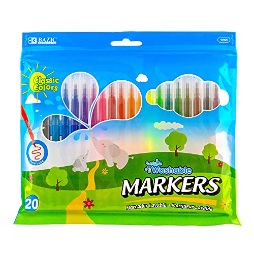 BAZIC Fine Line Washable Markers, 20 Colors (20/Pack), 72-Packs