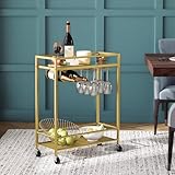 MAHANCRIS Gold Bar Cart, Beverage Cart with Wheels, Bar Cart for The Home, 2-Tier Drink Cart with Wine Rack and Glass Holder, Kitchen, Dining Room, Gold RCJ63B01Z
