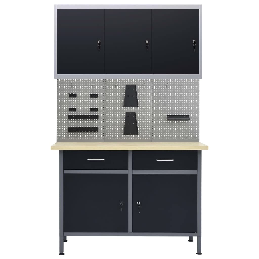 Set da officina con 1 banco da lavoro (portata 500 kg, 2 cassetti, 2 ripiani), 3 pareti per attrezzi (120 cm, perforato) e 1 armadio da parete (3 ripiani regolabili in altezza, 3 ante chiudibili)