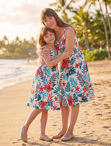 Image of AWIBMK Hawaiian Family Matching Outfits Mother Daughter Tropical Dresses Father Son Shirts for Beach Vacation Luau Party