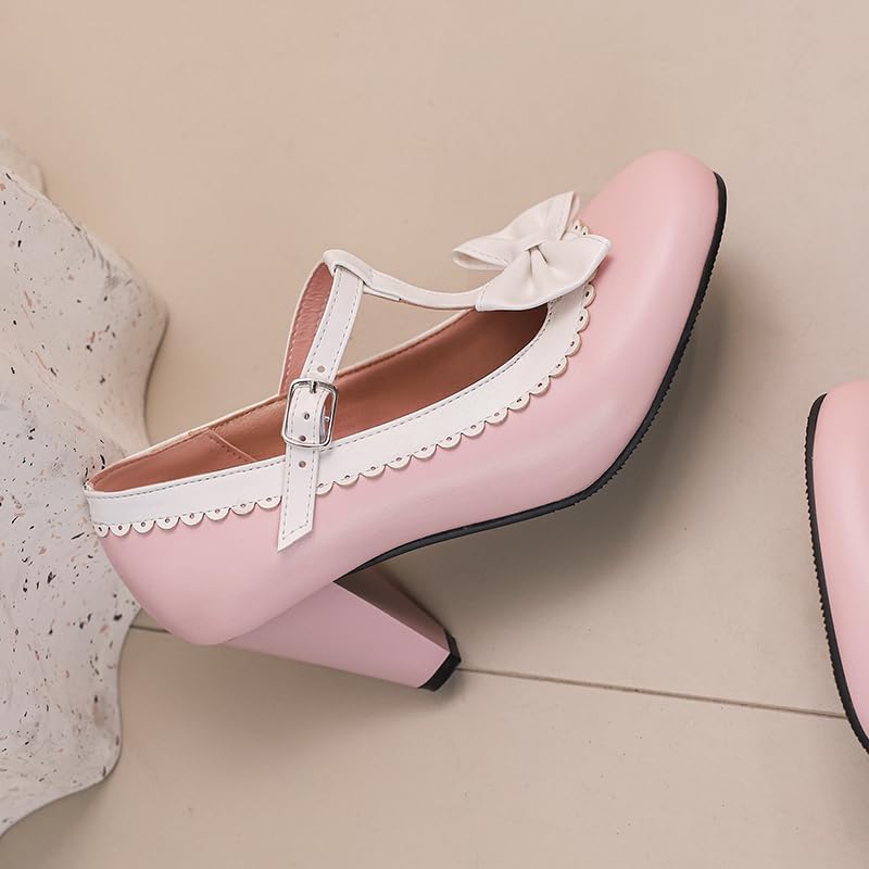 Image of Elbslutt Women's Cute Retro Rockabilly Shoes T Strap Mary Janes Heels Chunky Cosplay Shoes Sweet Block Heeled Bow Pumps