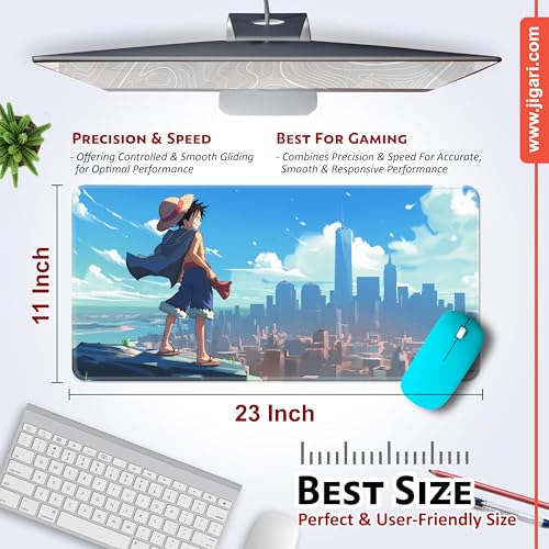 Image of Anime Theme Printed XL Extended Stich Edge Mousead | Smooth Surface Gaming Mousepad with Anti-Slip Rubber Base | 3mm Thick - 11 x 23 Inch (One Piece - Luffy (P114))