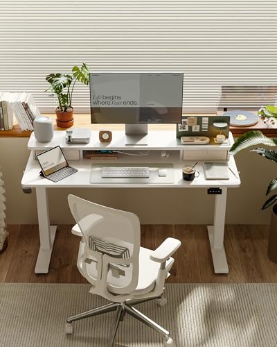 Image of FEZIBO 55 x 24 Inch Height Adjustable Electric Standing Desk with Double Drawer, Stand up Home Office Computer Desk with 4 Height-Adjustable Feets & 2 Hooks, White
