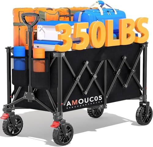 Wagons Carts Foldable, 350LBS Collapsible Wagon with 360° Rotating Wheels, Brakes, and Side Pocket, Large Capacity 160L Wagon Cart for Shopping, Park, Camping and Outdoor Use