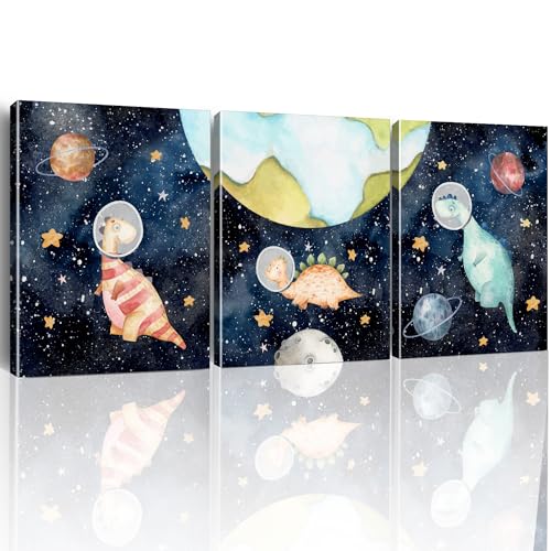 Image of Dino Outer Space Decor: Astronaut Space Wall Art (Set of 3 - 12x15 Inch) for Kids Bedroom, Toddler Room, Playroom