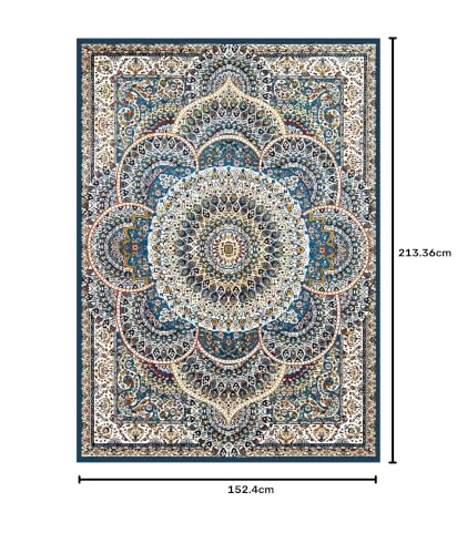 Image of DECOMIZER 5x7 Feet Premium Carpet for Hall | Rug Runner and Carpets for Bedroom /Living Area /Home with Anti Slip Backing | Machine Washable -Blue White Damas