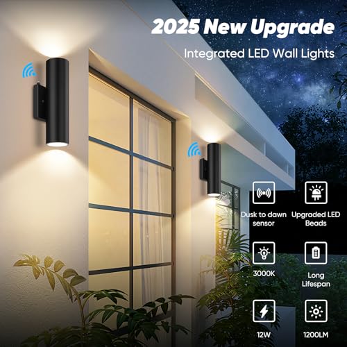 Image of 2-Pack Dusk to Dawn LED Outdoor Lighting, 12W Outdoor Wall Light Fixtures | Modern 2700K Porch Lights Wall Mount, Black Exterior Lighting Fixtures, Waterproof Outside Lights for House, Patio