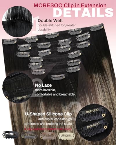 Image of Moresoo Ombre Clip in Hair Extensions Black to Dark Brown with Dark Blonde Extensions Clip in Human Hair Double Weft Balayage Natural Black to Blonde with Brown for Women Long 120g /7pcs 18 inch