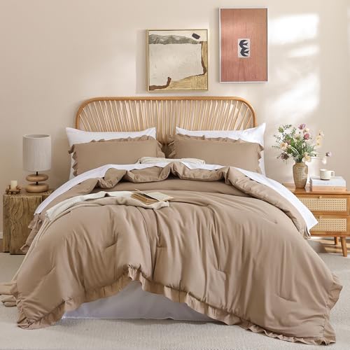 JANZAA Queen Ruffled Comforter Set 3PCS (1 Taupe Comforter Set and 2 Pillowcases) Vintage Farmhouse Shabby Chic Bedding Soft Fluffy Bed Set All Season