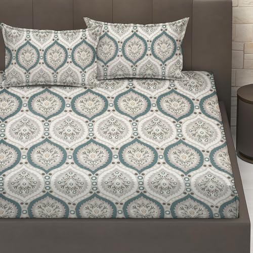 Image of IVAZA 240 TC Soft Ezyption Cotton Floral Print King Size Bedsheet - with 2 Pillow Covers, Hypoallergenic, Brethable, (Size- 90 x 90 Inch) | Damask Firozi