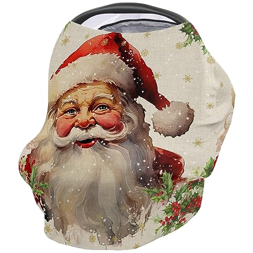 Nursing Cover for Breastfeeding Scarf, Christmas Santa Claus Snowflake Berries Retro Beige Baby Car Covers Super Soft Multi Use for Canopy Shopping Cart Cover Blanket Stroller Cover
