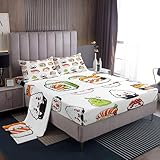 Kids Bed Sheets Full Size Cute Sushi Print Bed Sheet Set for Girls Boys Children Bedroom Kawaii Decor Cartoon Japanese Style Bedding Set Teens Sheets Set with Fitted Sheet, Flat Sheet,2 Pillow Case
