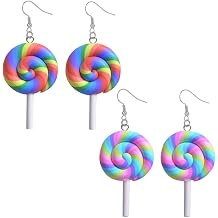 2 Pairs Rainbow Lollipop Dangle Earrings Handmade Kawaii Candy Drop Earrings Set for Women Jewelry