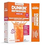 Dunkin’ Zero Sugar Refreshers Singles To Go! Powdered drink mix packets, Peach Passionfruit Lemonade,10 packets per box Energy from Green Tea, aspartame-free, no synthetic colors, naturally and artificially flavored, just add water