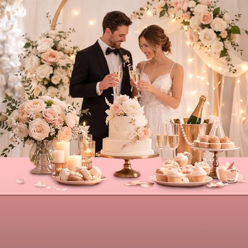 Image of 3 Pack Rose Gold Plastic Tablecloth, Dusty Pink Disposable Rectangle Table Covers, Holographic Metallic Foil Tablecloth Rose Party Supplies Decorations for Birthday Wedding Bachelorette, 54x108Inch