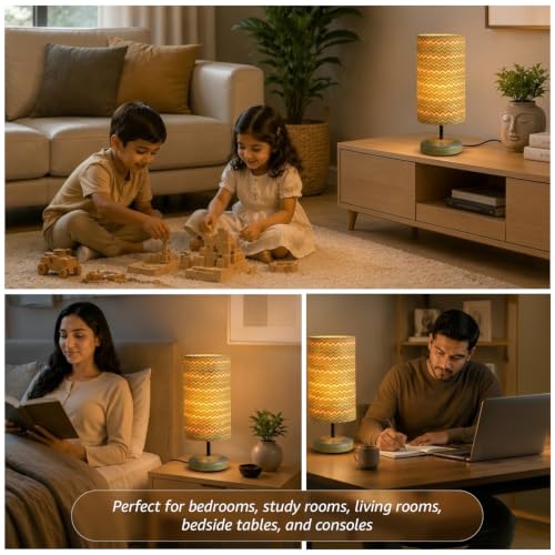 Image of Amazon Basics Tarang Zigzag Table Lamp | Hand-Painted Mango Wood Base with Printed Polyester Shade | E14 Holder | Decorative Night Lamp for Bedroom, Living Room & Study Room | Home Decor Gift