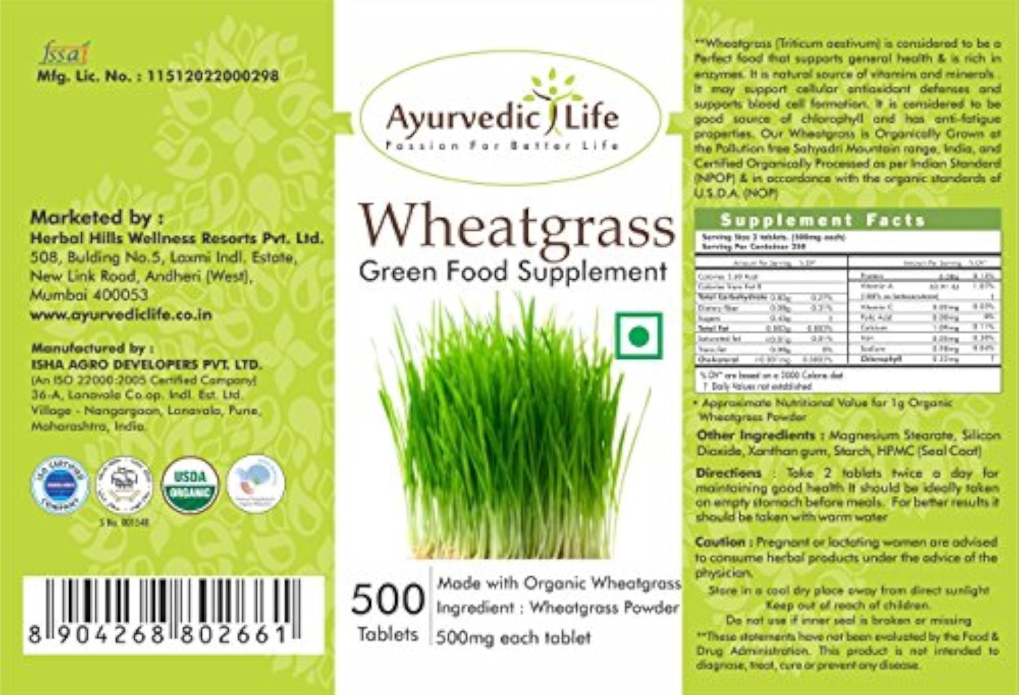 Ayurvedic Life Wheatgrass Tablets, 500 Tablets (Pack of 4)