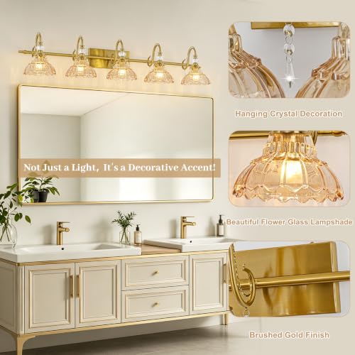 Image of Vintage Bathroom Vanity Light, 5-Light Brushed Gold Finish Wall Sconce with Hanging Crystal Accents and Flower-Shaped Amber Glass Shades, Retro Wall Mount Vanity Light Over Mirror for Bathroom