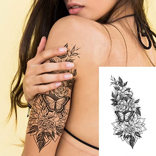 32Pcs Black Rose Flower Temporary Tattoo Sticker For Women,Multiple Floral Pattern Designs(7.5X3.8 Inch) #TOP3