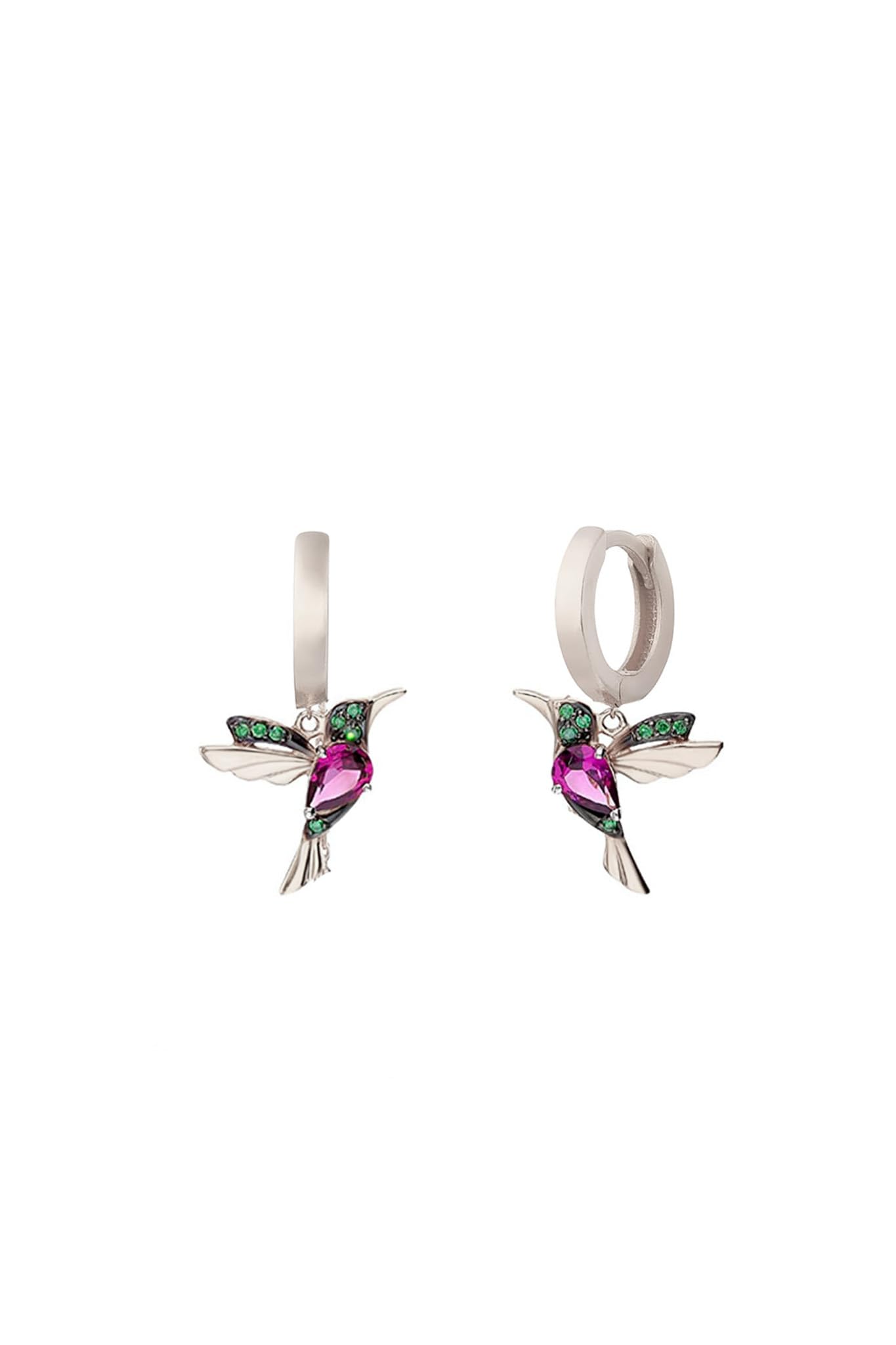 Einzelstück® Kolibri Hoops I 925 Sterling Silber Ohrringe im Vogel Design I Kreolen mit grünen und pinken Zirkonia Steinen I 14K Gold & Rosegold I Allergikerfreundlicher Echtschmuck