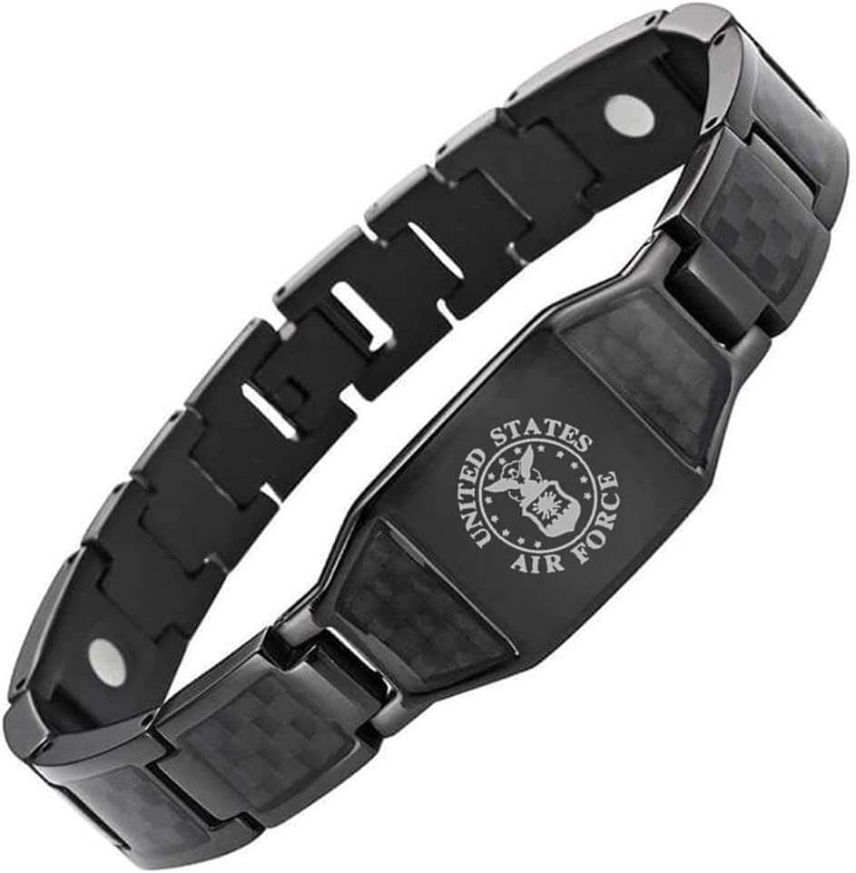 LiFashion US Military Bracelet for Men Stainless Steel Armed Forces Military Gifts U.S. Army Navy Marine Corps Air-force Policeman Link Bracelets with Carbon Fiber Jewelry for Dad,Boyfriend,Husband