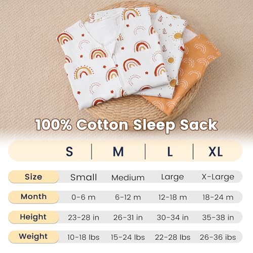 Image of PHF 100% Organic Cotton Baby Sleep Sack 18-24 Months, Soft Lightweight Wearable Blanket for Babies, 2-Way Zipper 0.3 TOG Comfy Toddler Sleeping Sack 3 Pack for Boys Girls, Rainbow (X-Large)