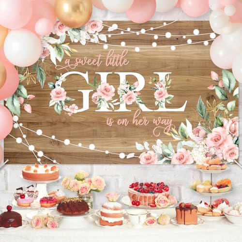 Avezano Rustic Girl Baby Shower Banner A Sweet Little Girl is on Her Way Baby Shower Party Decorations Pink Floral Banner Photo Booth Studio Props 6 x 3.6 ft by Avezano - Used condition - Image 3