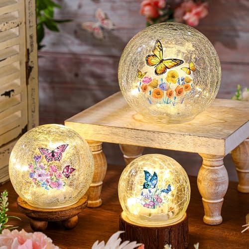 Image of 3pcs Spring Crackle Glass Ball Lights - Butterfly Ball Lamp Ornaments Indoor Globes Decorations LED Night Tabletop Decorative Sphere Lamp for Home Decor