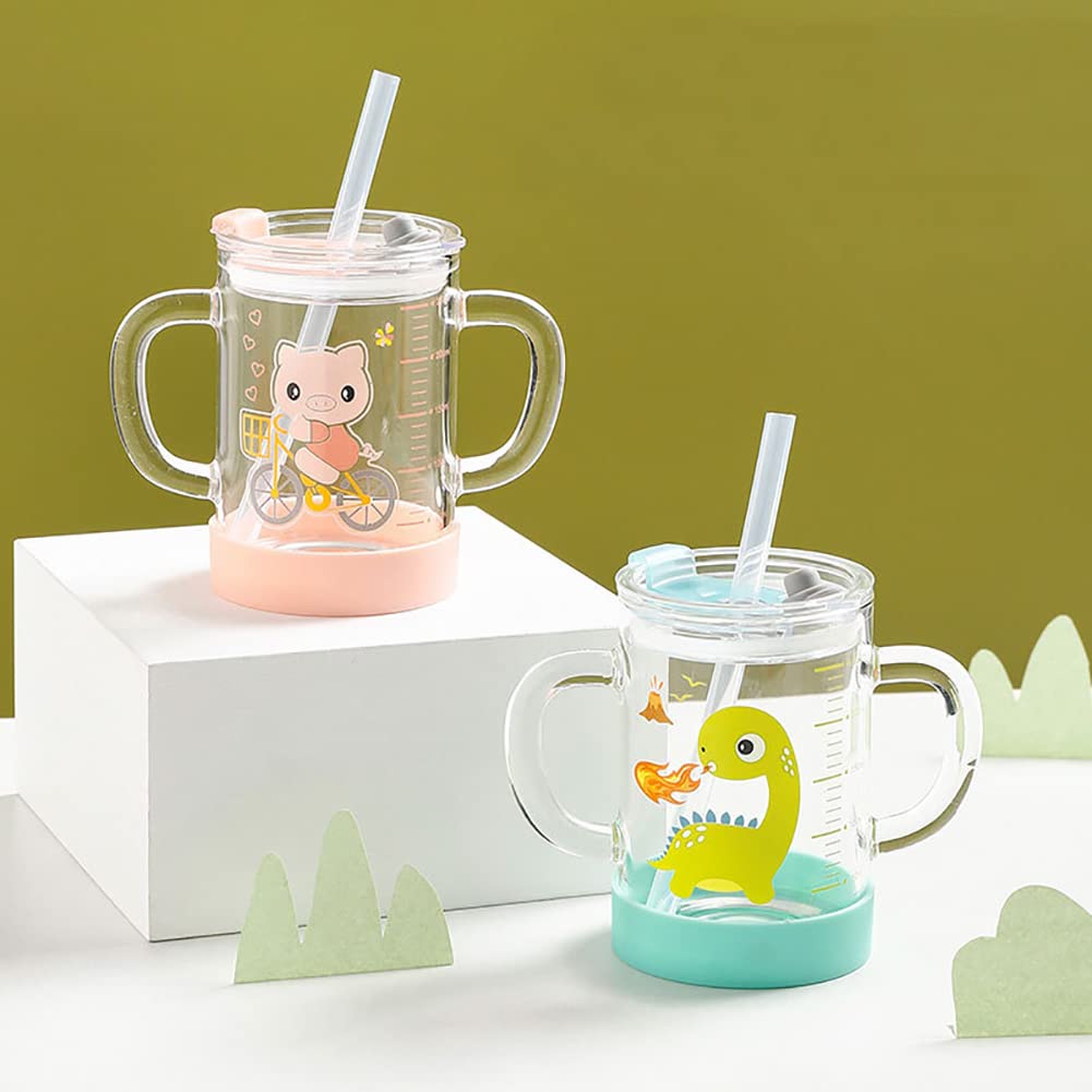 Tazza per latte in vetro per bambini da 250 ml, caraffa graduata con cannuccia in silicone e coperchio, resistente al calore, a prova di perdite, tazza da viaggio con bilancia per bere latte, succhi