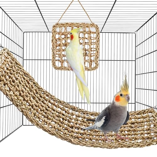 2Pcs Natural Sea Grass Parrot Mat - Foraging Chew Wall Toy with Climbing Rope & Hook Hanging Play Pad for Lovebirds/Cockatoos/Budgerigars/Conures/Pigeons | 2 Sizes29.53x6.89 &7.48x7.48 Inches