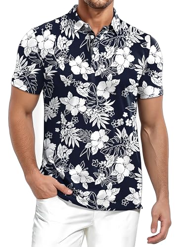 SWTJIC Men's Golf Shirt Funny Floral Hawaiian Polos Quick Dry Moisture Wicking Short Sleeve Outfits Navy Blue 2XL