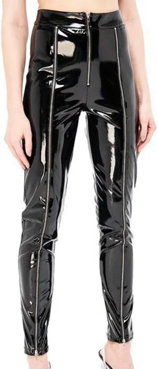 Women PVC Leather Front Zipper Skinny Straight Pants High Waisted Customizable