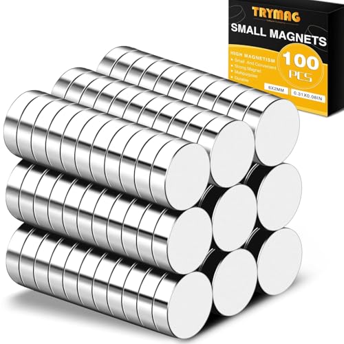 Image of TRYMAG Small 100pcs Tiny 8x2mm Refrigerator Magnets Round Disc Mini Premium Brushed Nickel Office Magnets for Crafts, DIY, Whiteboard, Fridge, Kitchen