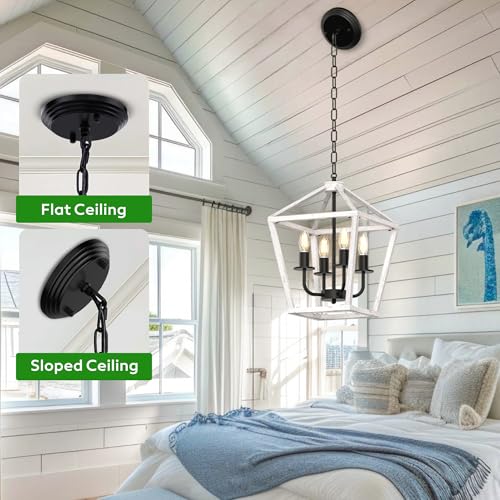Image of Farmhouse Lantern Chandelier 4-Light, Industrial Brushed White Oak Ceiling Light Fixture with Open Cage and Adjustable Hanging Height, E12 Base for Kitchen Island, Dining Room, Entryway, Foyer