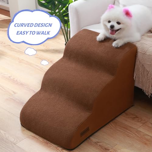 Image of Aodisman 3-Step Dog Ramp and Stairs for Sofa and Chair - Non-Slip Sturdy Pet Steps for Small Dogs and Cats,15.7 inch H,Brown
