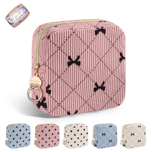 Image of Period Bag for Teen Girls, Corduroy Sanitary Napkin Pouch, B-DPink | Bow Menstrual Pad Pouches Tampon Holder for Purse, Cute Period Pouches for Storage Sanitary Napkin, Menstrual Cup, Pad, Tampo