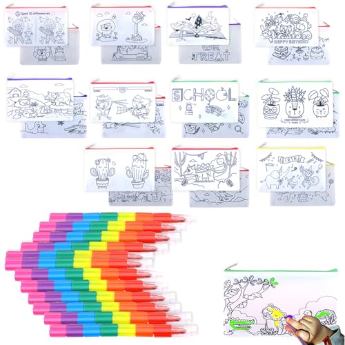Estuches para Colorear, 12 Estuches para Colorear Infantiles y 12 ceras de colores apilables (7 colores en 1), Bolsas de Tela con Cremallera para Pintar, Regalo Niños Fiestas y Cumpleaños