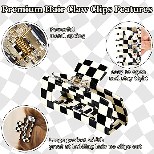 3 Piece Checkered Hair Claw Clips Black And White Hair Clips Lattice Hair Barrettes Pin Teeth Clamp Jumbo Big Jaw Clip For Women Girl Fine Thick Thin Curly Straight Long Hair (Basic Style) #TOP2