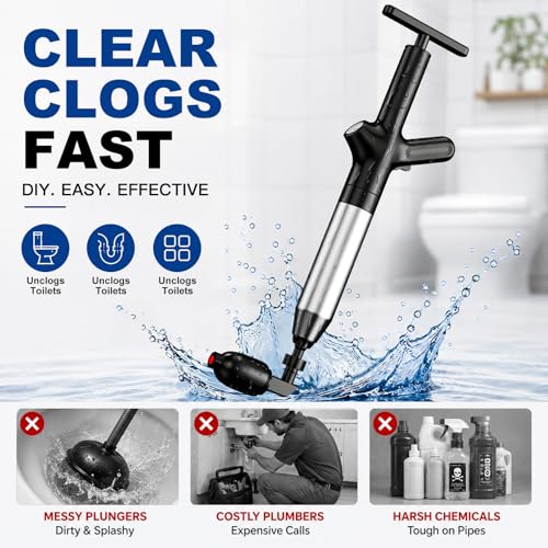 Image of High Pressure Toilet Plunger, Heavy Duty Plunger for Bathroom, Dark Black | Toilet Unclogger Tool for Drain Clog, Heavy Duty Toilet Plunger with Pressure Gauge, 4 Heads for Bathroom, Sink, Shower