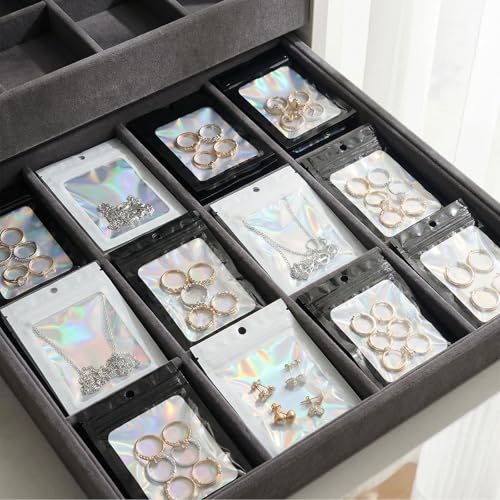 FooYee 100 Stück Ziplock Beutel 7×10 cm, Wiederverwendbare Holografische Kunststoffbeutel, Transparentes Frontfenster, Dicht Verpackungsbeutel für Schmuck, Bastelbedarf, Süßigkeiten und Kleinwaren