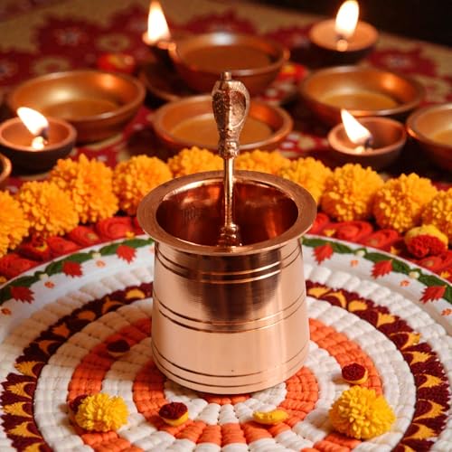 Image of Copper Embossed Panchapatra Udharini Set with Snake Head Design Udarini | Heavy Weight Pooja Accessory for Home | Pooja Glass and Spoon for Charnamrit | Height: 2.5 Inch, Weight: 170 gm